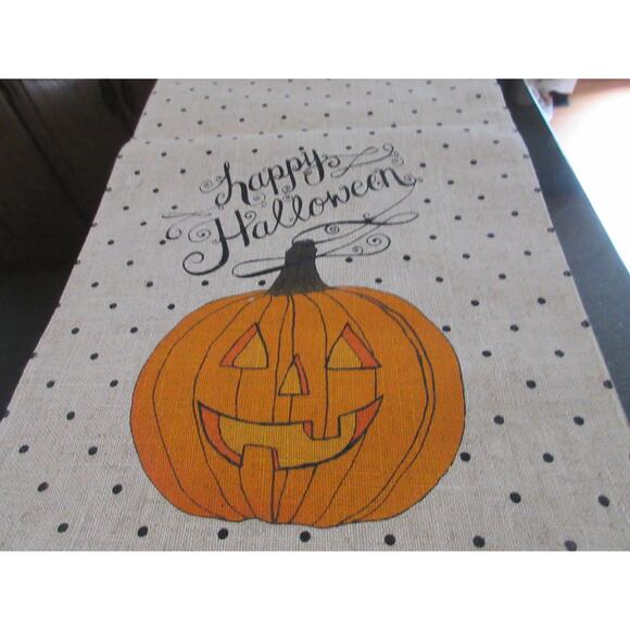 Midnight Market Happy Halloween Pumpkin Burlap Table Runner Primitive Distressed - Picture 3 of 7